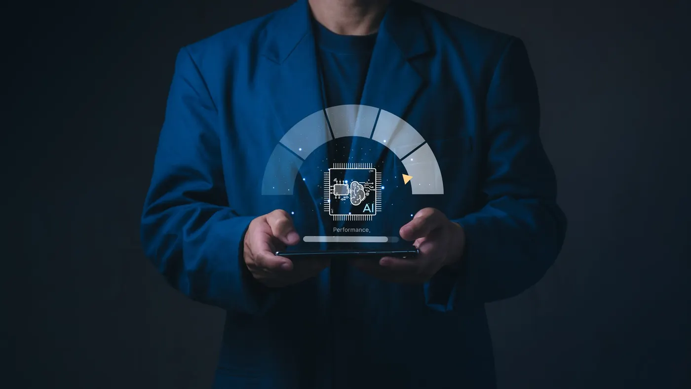 Indicateur de performance de l'intelligence artificielle affiché au-dessus d'une tablette.