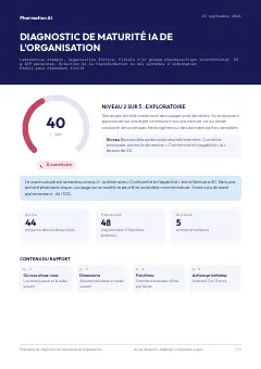 Page 1 du rapport type : cadran du score sur 100, niveau atteint, scores de socle et de fonctions, nombre d'actions prioritaires.